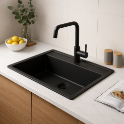 Lavello in granito GraniteMy Bremen 64x52 cm nero da incasso, sottotop e filotop con foro per rubinetto 1208953874